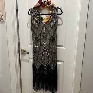 Black and Gold Beaded Fringe Dress